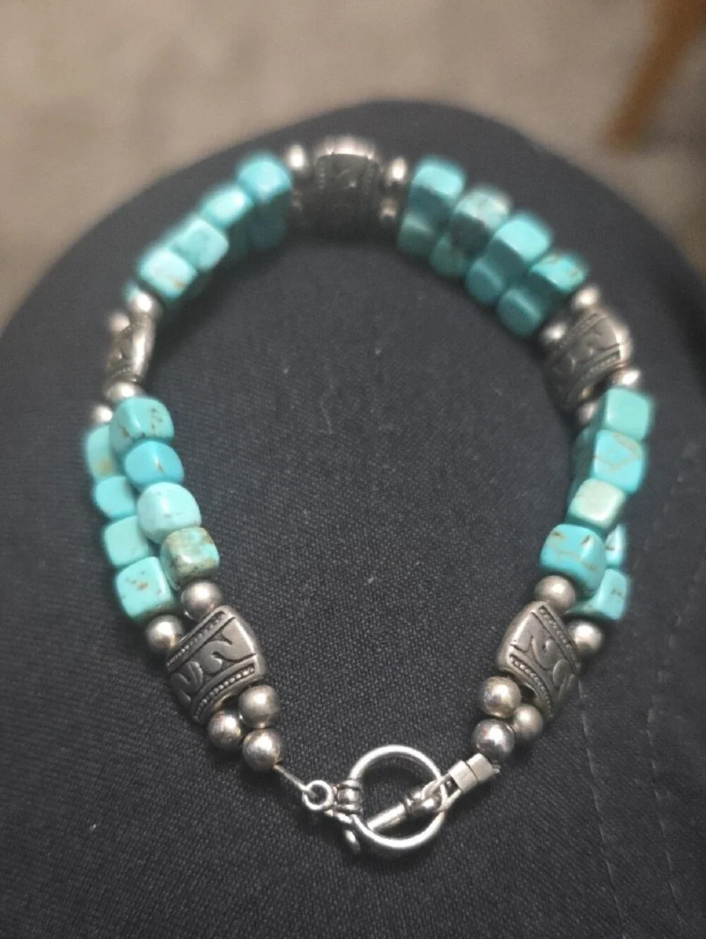 Handcrafted Turquoise Ans Silver Beaded Bracelet with Toggle Clasp